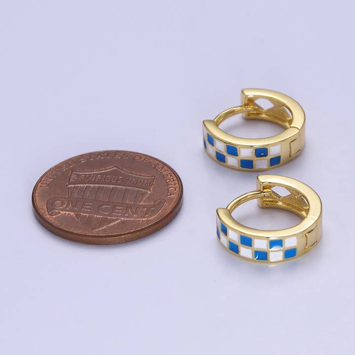 Aim Eternal - Wholesale Huggie Earrings - 24K Gold Filled Enamel Checker Hoops Earring Retro Gold Hugg
