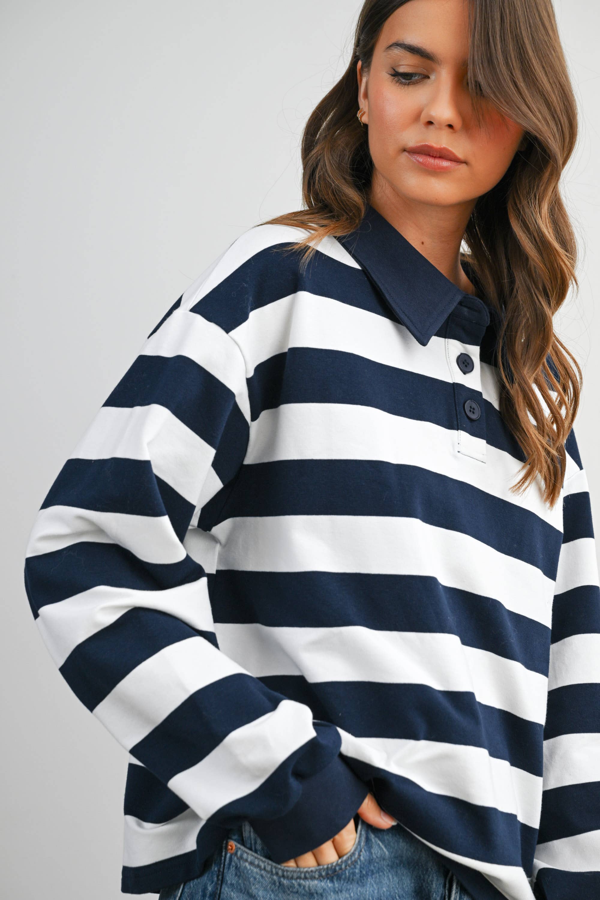 BUTTERMELON - Wholesale Sweatshirt - Women's - Striped Quarter-Buttoned Collared Sweatshirt - BMT80797