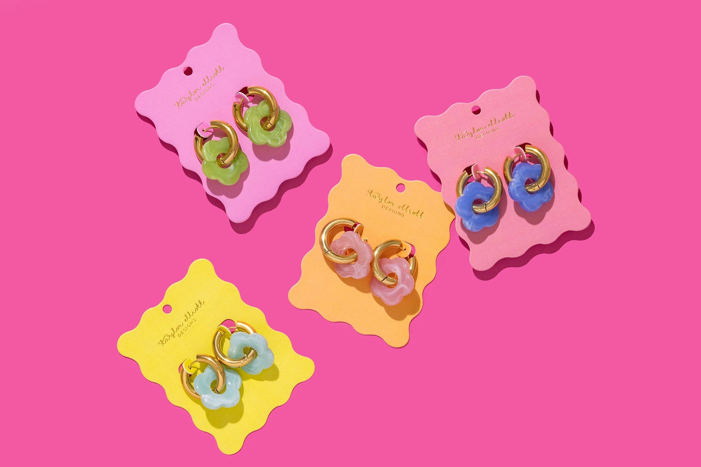 Taylor Elliott Designs - Wholesale Huggie Earrings - Huggie Earrings - Gold Hoops + Blue Acrylic Flowers - Laurel3