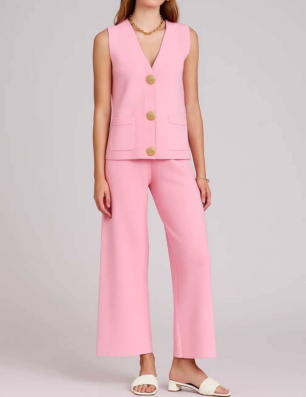 Sweetkama - Vendita all'ingrosso Completo top e pantaloni (NON loungewear) - Donna - Completo 2 pezzi: Gilet e Pantaloni a Maglia con Bottoni e Scollo a V a Tinta Unita da Donna3