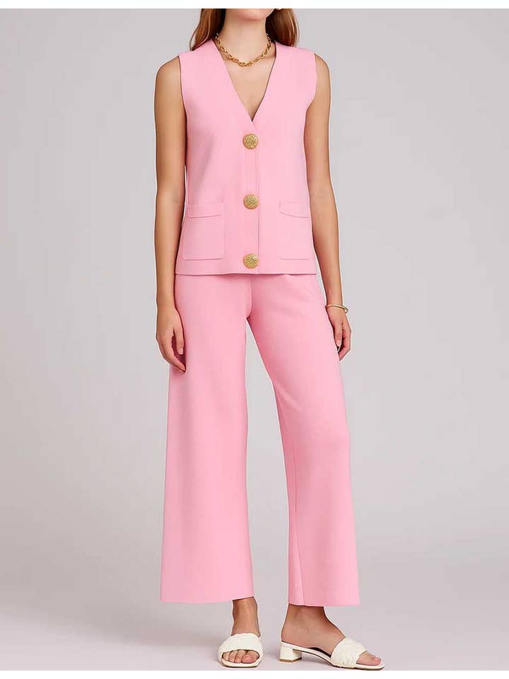 Sweetkama – Engroshandel Top- og buksesæt (IKKE Loungewear) - Dame – Dame Ensfarvet V-hals Knap Strikvest & Bukser 2-delt Sæt3