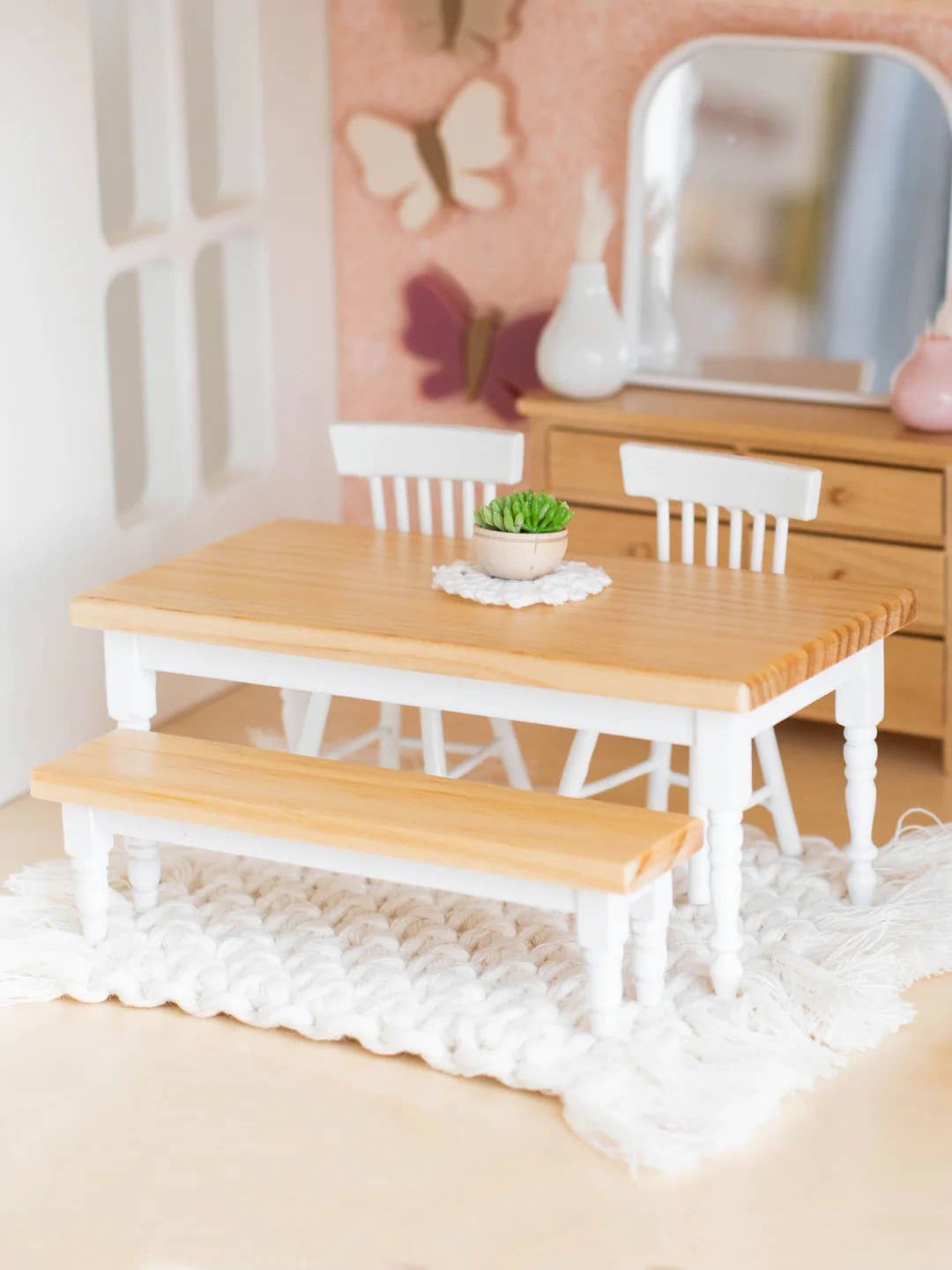 Macy Mae Dollhouse Designs - Wholesale Doll - Kids - Dollhouse Farm Style Dining Table | Natural Wood & White0