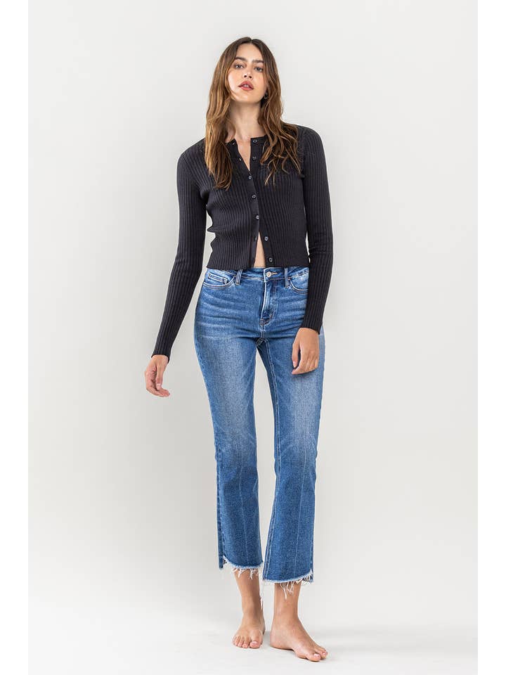 ENCOURAGINGLY HIGH RISE RAW STEP HEM KICK FLARE JEANS T5910 for wholesale on Faire