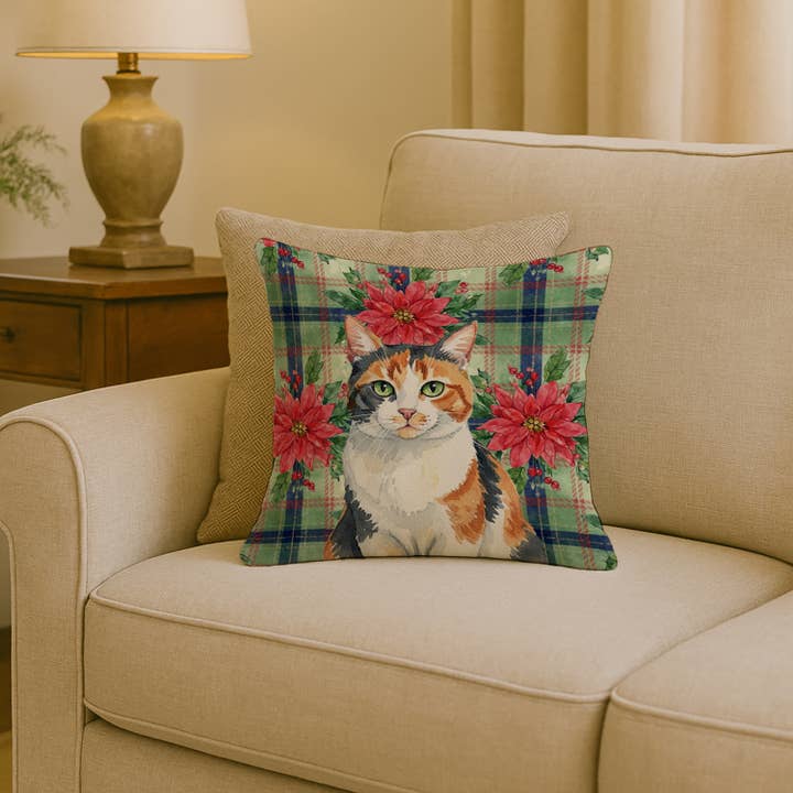 Calico Cat with Poinsettias Pillow 18x18 FNT1290 for wholesale by Caroline's Treasures
