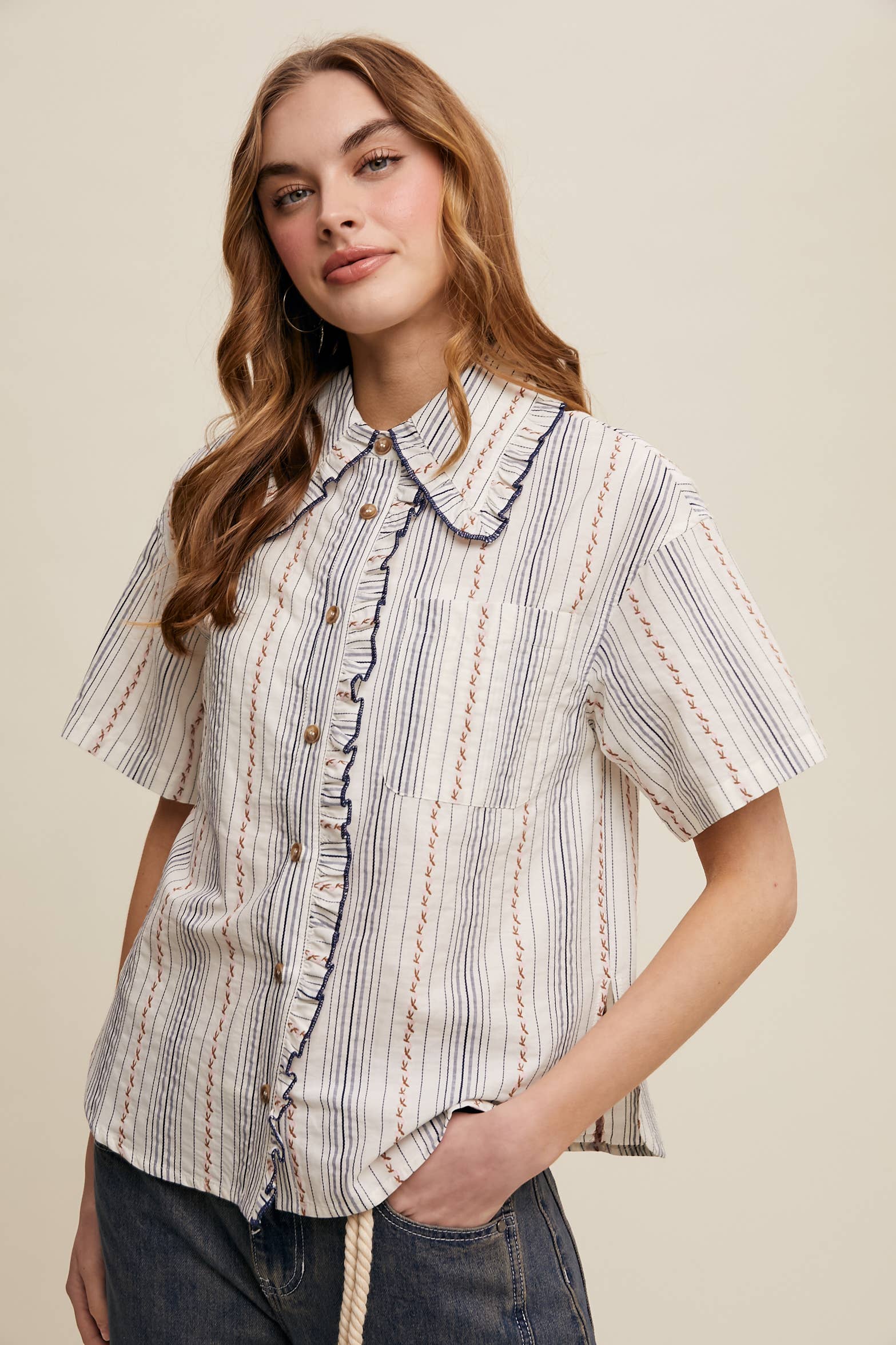 Listicle - Wholesale Button Down Shirt - Women's - Striped Embroidered Button-Down Blouse0