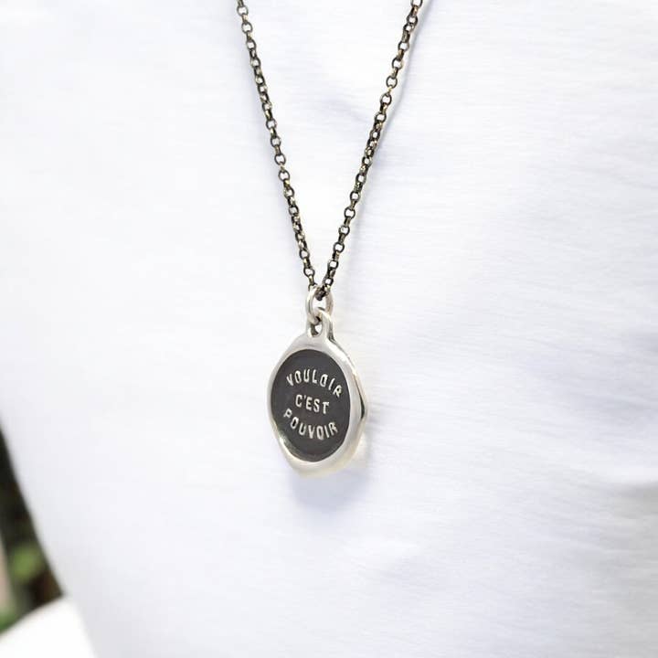 Plum and Posey - Wholesale Pendant/Charm Necklace - To Want is to Be Able - Silver Wax Seal Pendant
