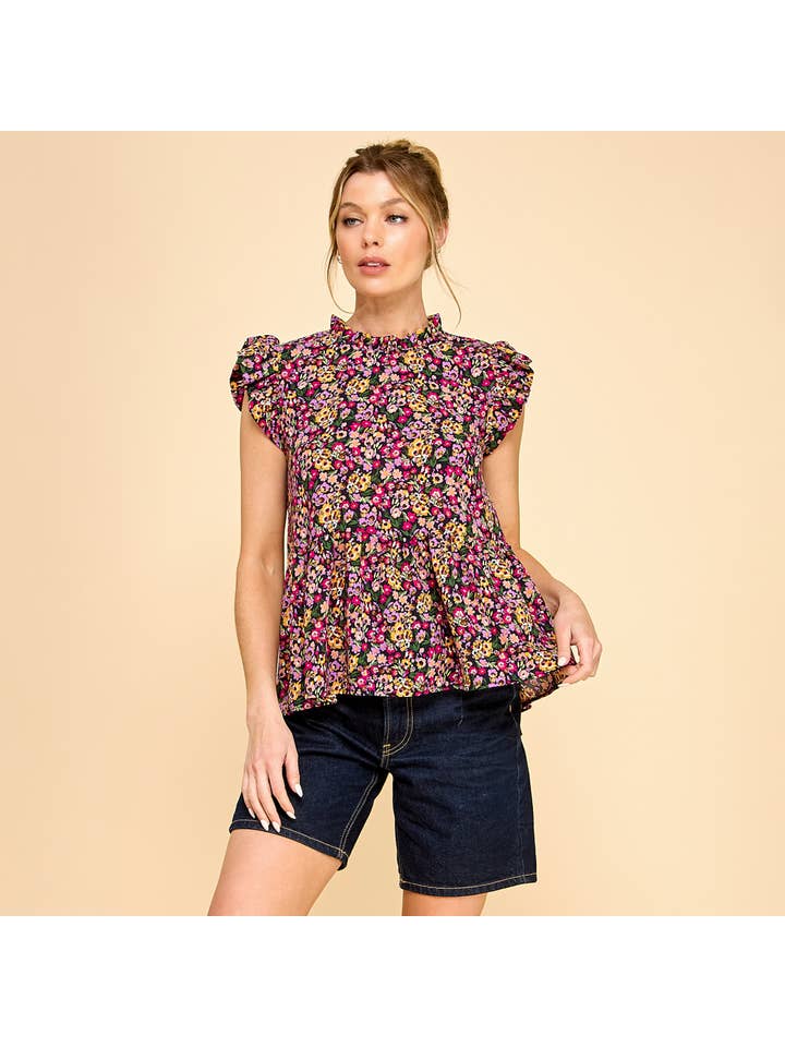 Black Floral Printed Top with Ruffled Neck and Sleeves for wholesale on Faire