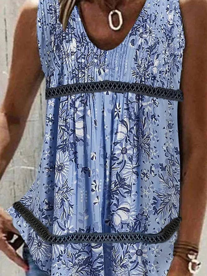 UNISHE - Wholesale Tank Top - Women's - Printed V Neck Lace Splicing Tank Top ZZKF8905