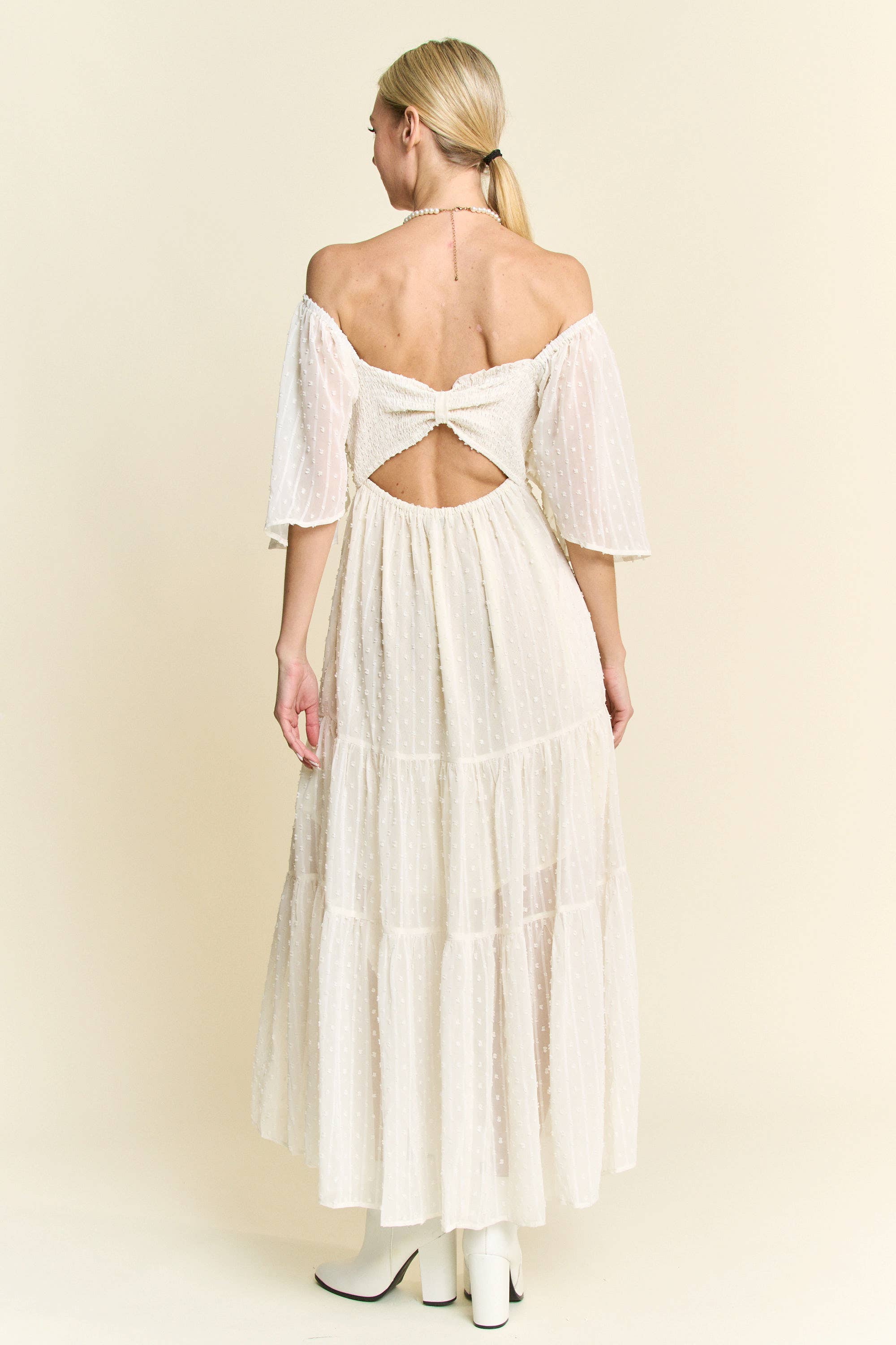 Davi & Dani – wholesale Dress – Women's – SWISS DOTTED RUCHED RUFFLE OPEN BACK MIDI DRESS2