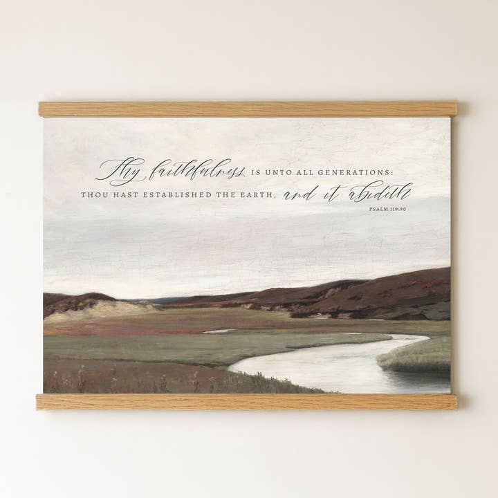 Ta fidélité – Psaume 119:90 | Art mural chrétien, toile suspendue avec écriture, tapisserie de paysage, décoration de maison de foi pour la vente par Forever Written