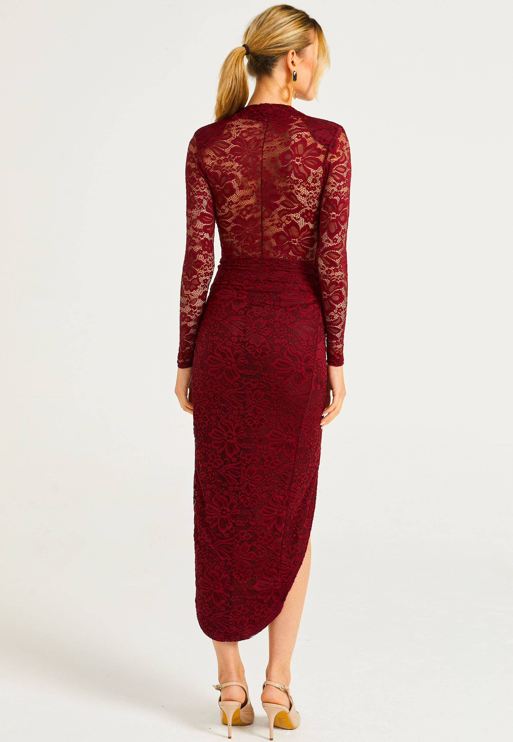 ANGELEYE - Wholesale Dress - Women's - Lace Plunge Neck Faux Wrap Midi Dress in Burgundy4