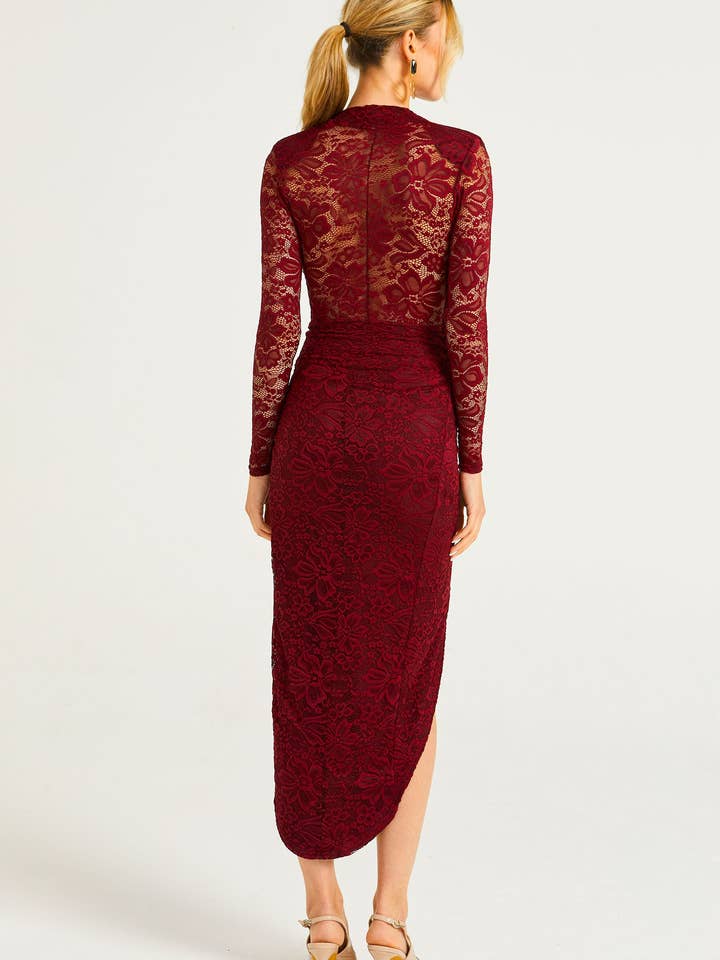ANGELEYE - Wholesale Dress - Women's - Lace Plunge Neck Faux Wrap Midi Dress in Burgundy4