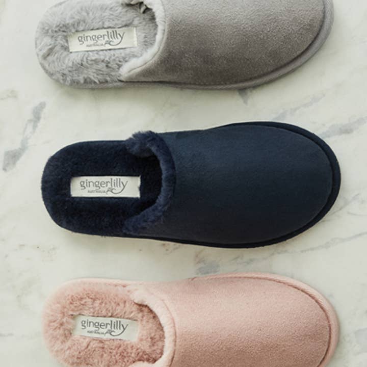 Mock Suede Slipper - St Moritz Grey Navy Pink and other Purchase Wholesale personalized slippers. Free Returns & Net 60 Terms on Faire trending on Faire.