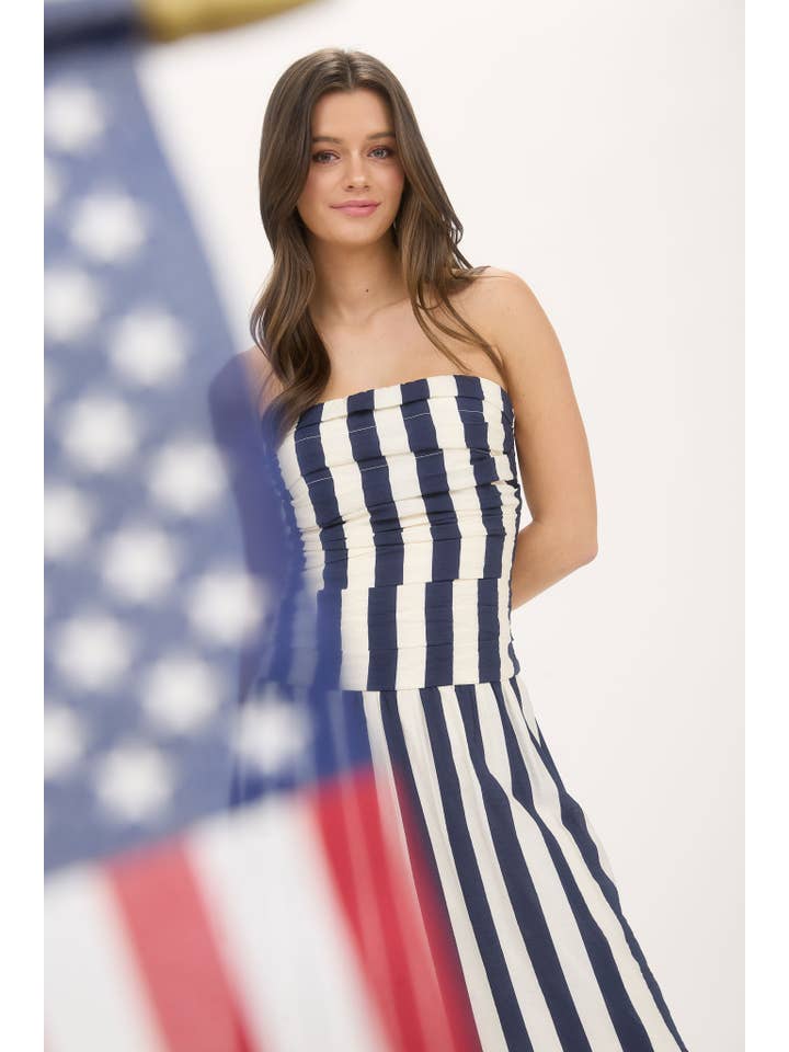 Moon River - Wholesale Dress - Women's - VERTICAL STRIPE STRAPLESS MIDI DRESS