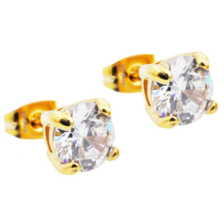 Blackjack Mens Jewelry – wholesale Stud/post earrings – Men's 7mm Gold Stainless Steel Stud Earrings With Cubic Zirconia