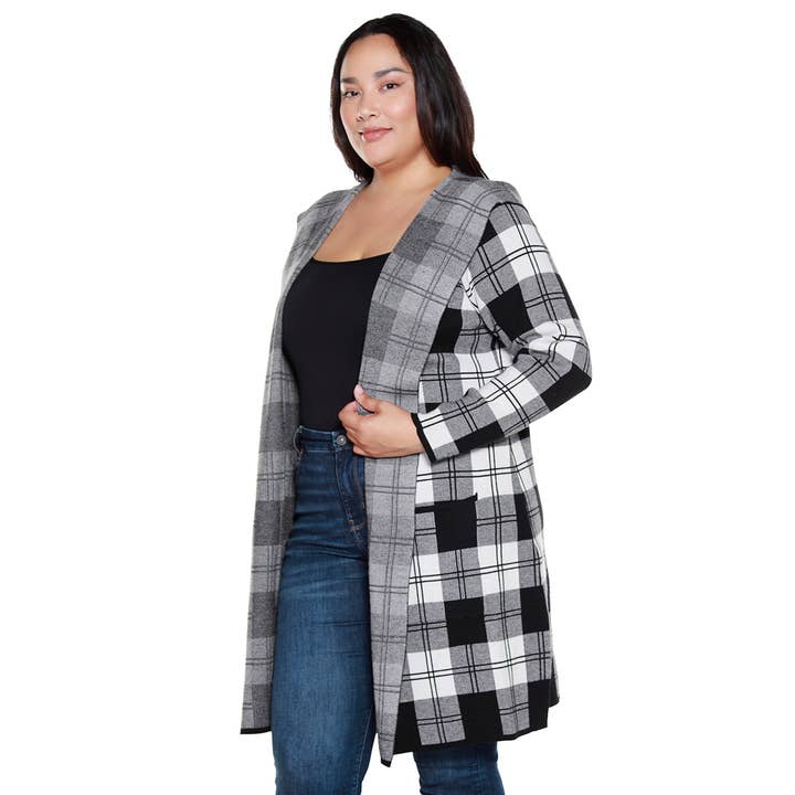 Belldini - Wholesale Cardigan - Women's - Plus Size Hooded Checkered Plaid Coatigan Sweater6