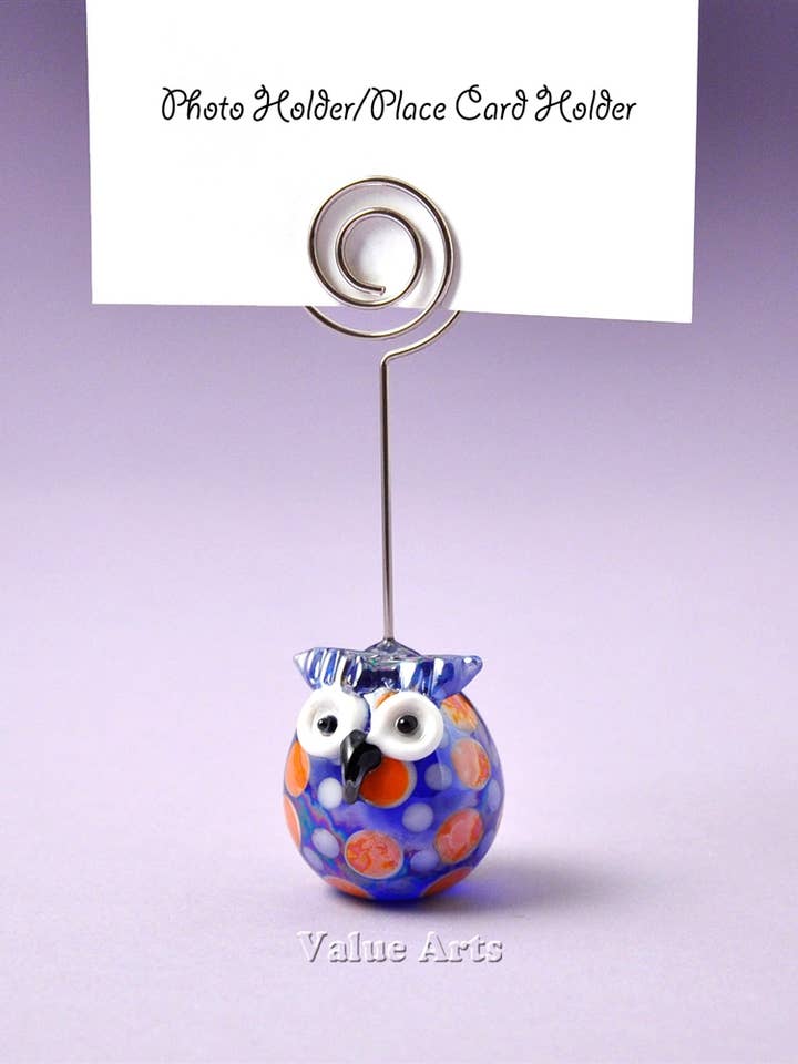 Suporte de Fotos/Cartões de Lugar em Vidro Azul com Coruja por atacado de Value Arts