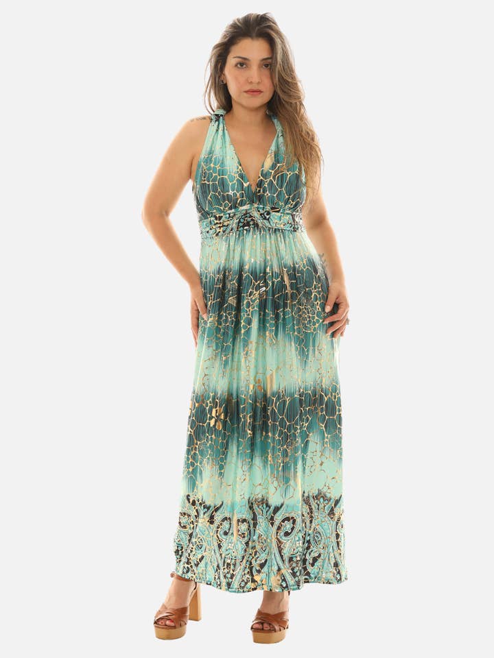 Robe maxi à dos nu avec imprimé craquelé métallisé pour la vente par Shoreline Wear. INC