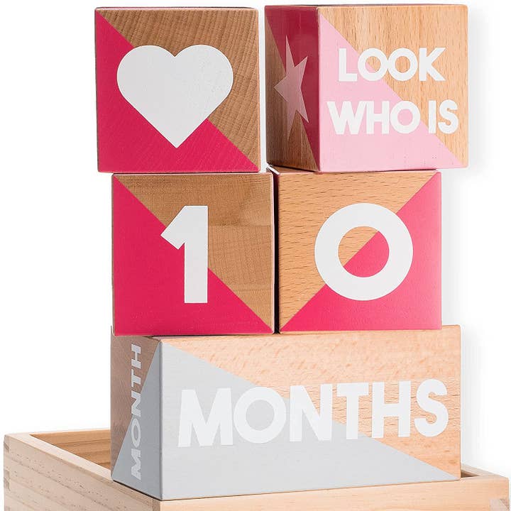 Baby Milestone Blocks, Pink & Gray - Heirloom Quality for wholesale by Tykeroo