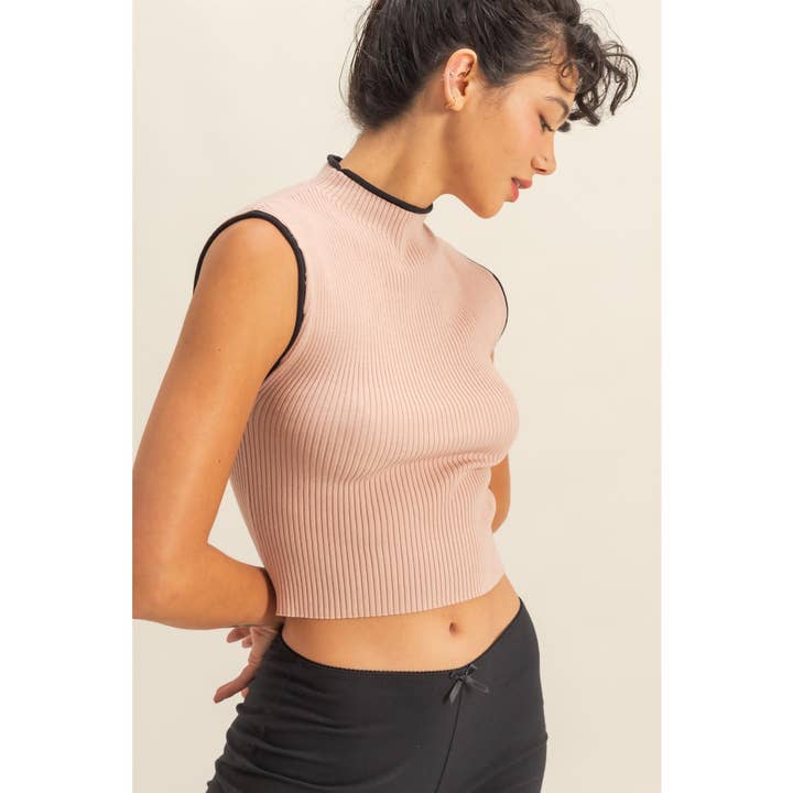 Top de punto acanalado con mangas cortas y ribete en contraste para venta al por mayor de Double Zero