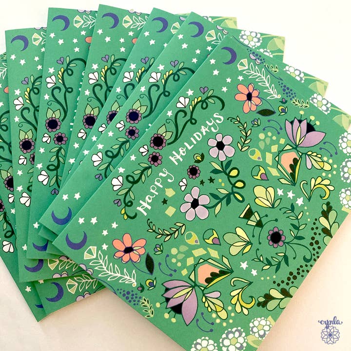 BOX of 8 Folk Happy Holidays Card - holiday cards, green for wholesale by Cynla