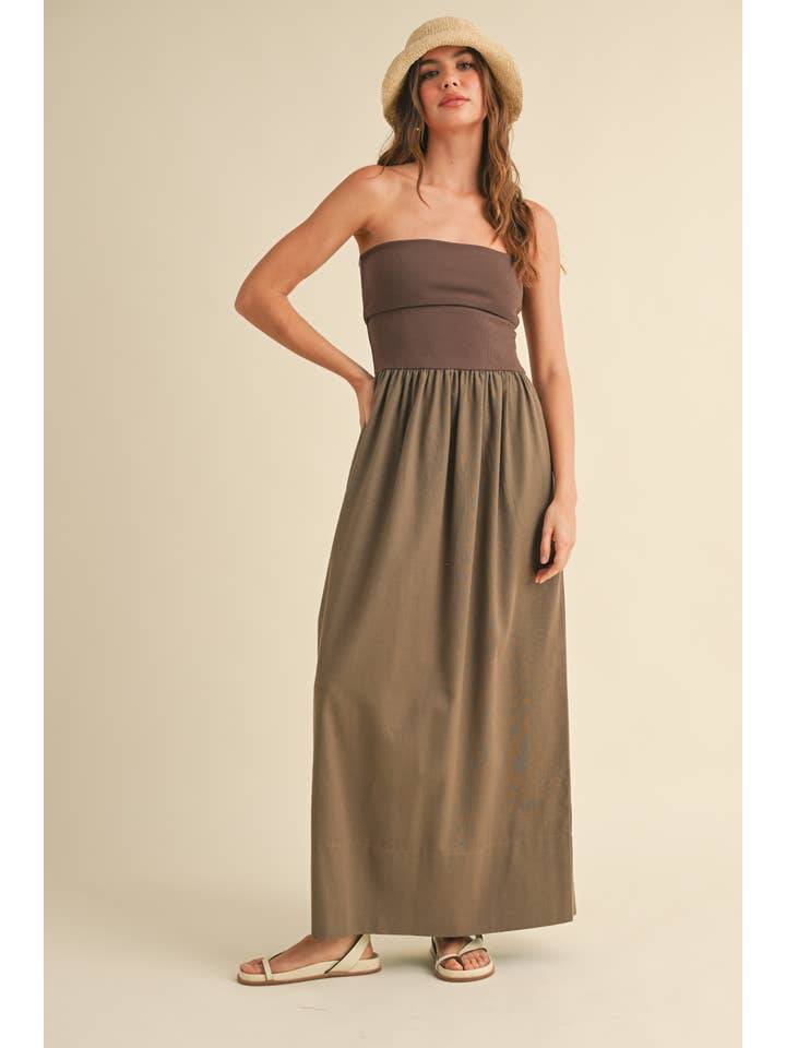 MIOU MUSE - Wholesale Dress - Women's - D3442 LINEN WITH RIBBED KNITTED TOP COMBO DRESS