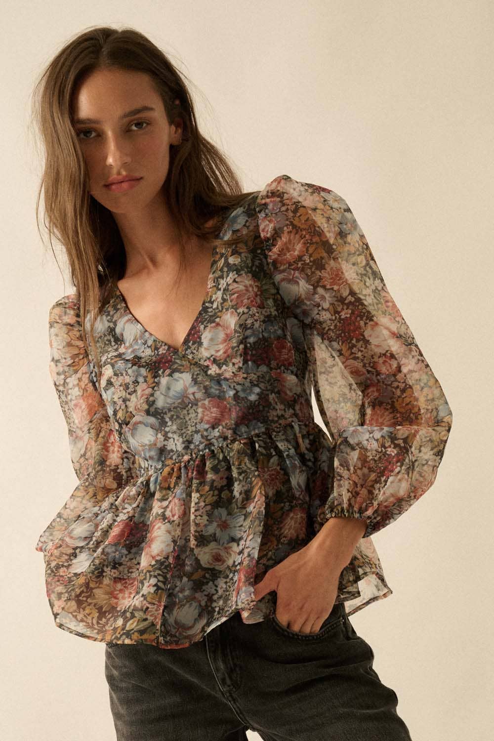 BLACK Floral-Print Organza Puff-Sleeve Peplum Top for wholesale on Faire8