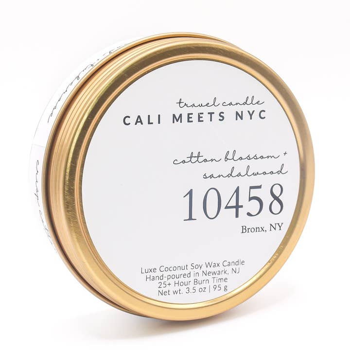 Cali Meets NYC - Wholesale Travel Candles - 10458, Cotton Blossom + Sandalwood Coconut Soy Candle Tin0