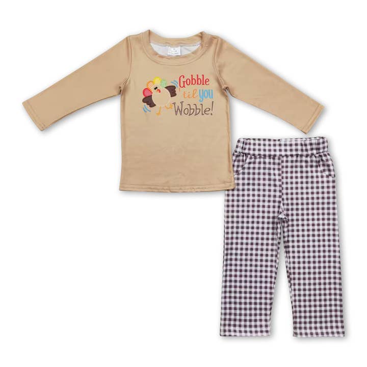 Gobble til you wobble turkey plaid boys Thanksgiving set for wholesale by Yawoo Garments