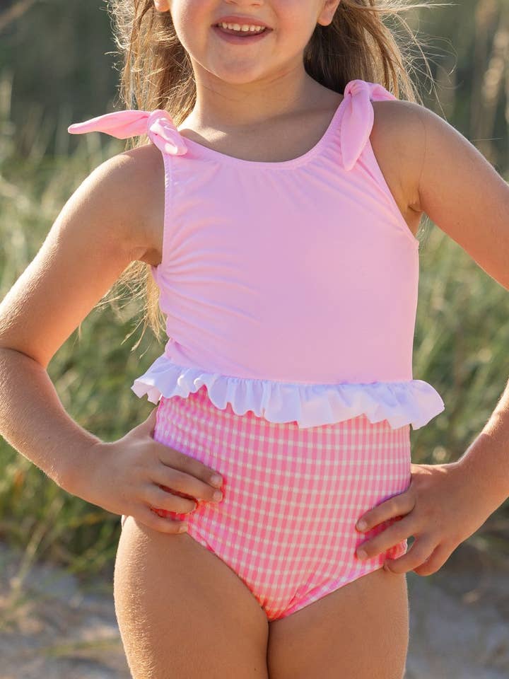 Textured Gingham Girls Skirted Swimsuit with Ties for wholesale by Tidewater Tots
