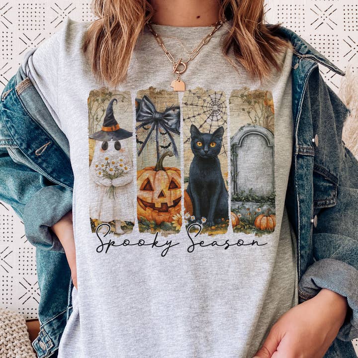 Par.tees by Party On! - Wholesale T-Shirt (Graphic) - Women's - Halloween Spooky Season Black Cat Pumpkin Panel Graphic Tee