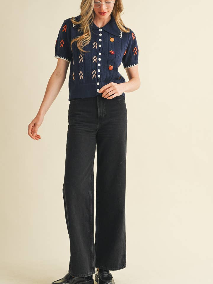 &MERCI - Wholesale Knit Sweater - Women's - HAND EMBROIDERED SHORT SLV BUTTON DOWN SWEATER MSW1095320