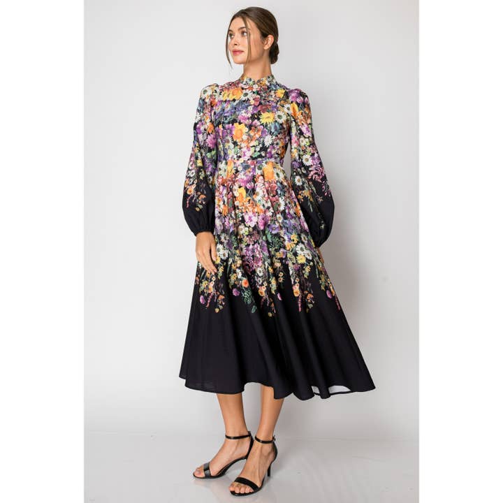 INA - Wholesale Dress - Women's - Long Puff Sleeve Floral Print Midi Dress