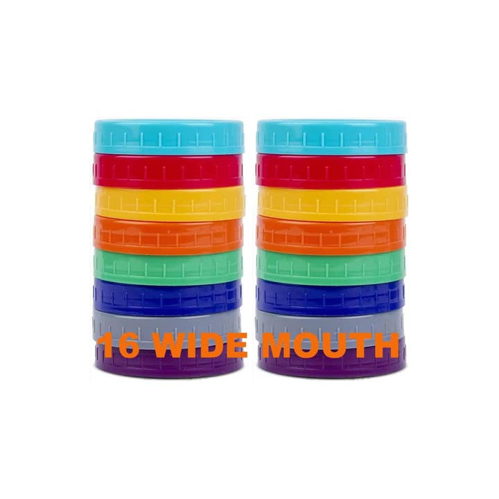 Vigor Path - Wholesale Food storage container - Mason Jar Lids - Compatible with Ball, Kerr, and Other Brands - Vibrant Colored Plastic Caps for Canning and Storage Jars - Airtight and Spill-Proof - Pack of 16 (Wide Mouth - 3.38in)