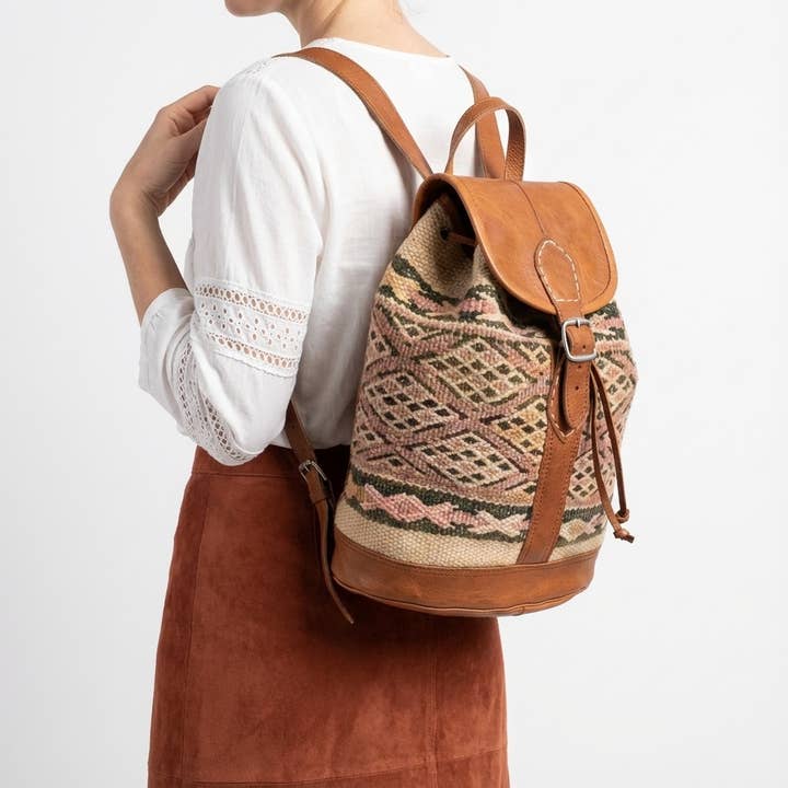 Boho Kilim Leather Backpack - Vintage Woven Rucksack Bag for wholesale by Melecraft