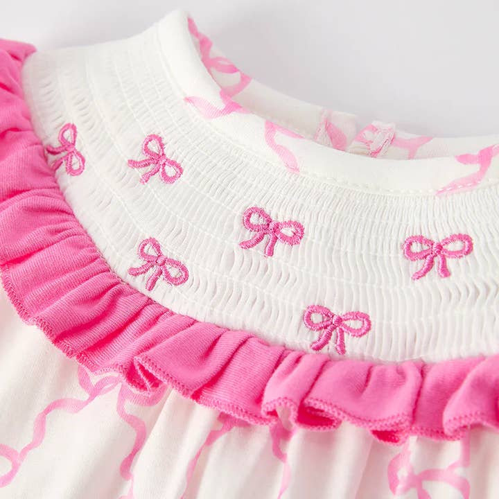 Auraquise - Wholesale Bodysuit (Non-Footed) - Baby - Baby Summer Pink Bow Smocked Embroidered Bubbles Romper