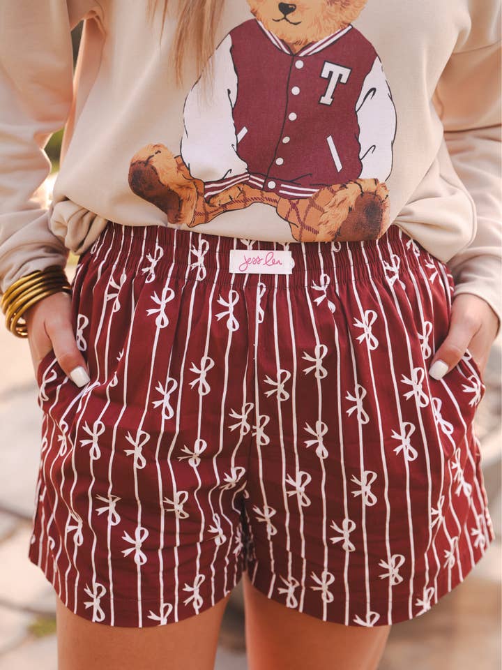 Bows And Goals Boxer Shorts- Maroon for wholesale by Jess Lea