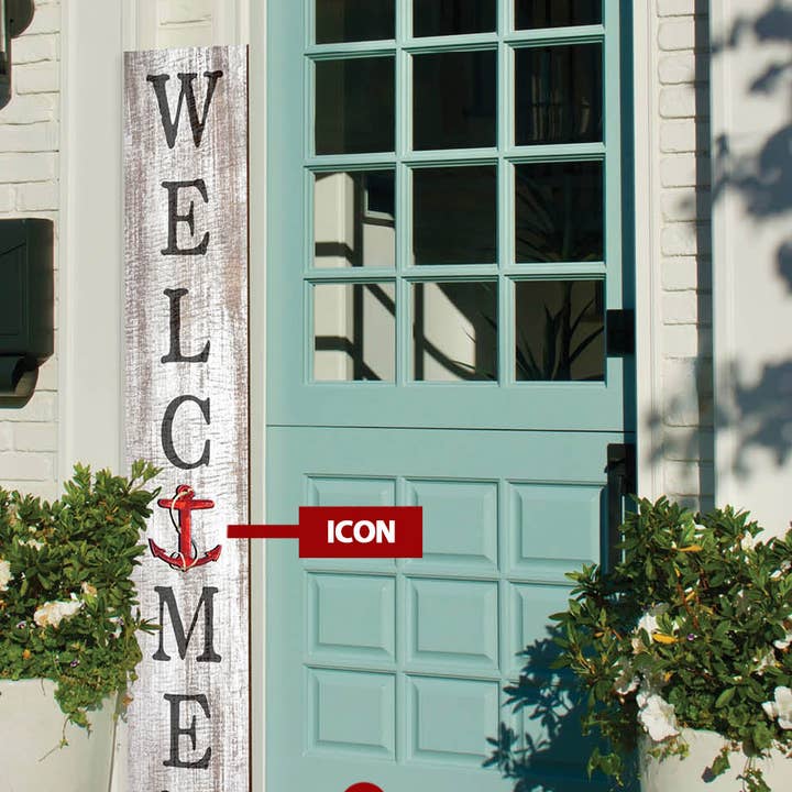 Customizable Coastal Farmhouse Welcome Sign | Icon Choice | Wall Art Print on Real Wood | 9.5"x59" for wholesale by Mill Wood Art
