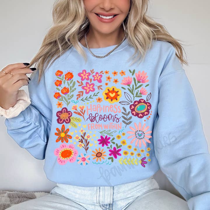 Happiness Blooms From Within Boho Floral Adult Sweatshirt for wholesale by Painted Skies