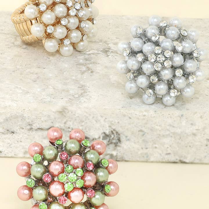 Vintage Crystal & Pearl Statement Stretch Ring for wholesale by SP Sophia Collection