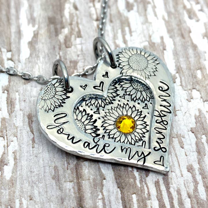 You Are My Sunshine Crystal Sunflower Heart Locket Necklace for wholesale by Stamped Serendipity