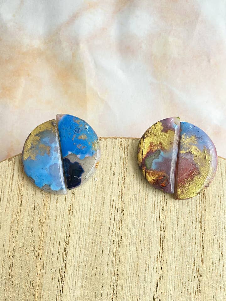 Semi Circle Studs, Polymer Clay Earrings for wholesale by Glitter and Glow Co