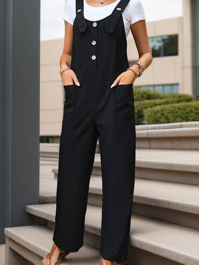 Combinaison noire ajustable à poches pour la vente par Comely Fashion