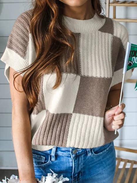 Lovesoft - Wholesale Knit Sweater - Women's - Black Checkered Color Block Crew Neck Short Sleeve Sweater5