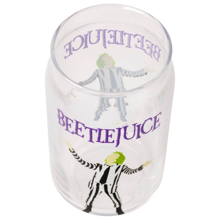 Silver Buffalo - Vente Verre/tasse - Gobelet en verre BEETLEJUICE 3X NAME 16 oz avec couvercle en bambou et paille3