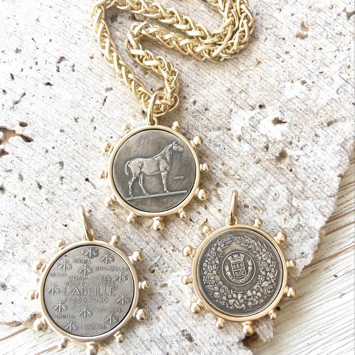 VB&CO Designs Handmade Jewelry - Wholesale Pendant/Charm Necklace - Matte gold horse French Bee coin necklace boutique