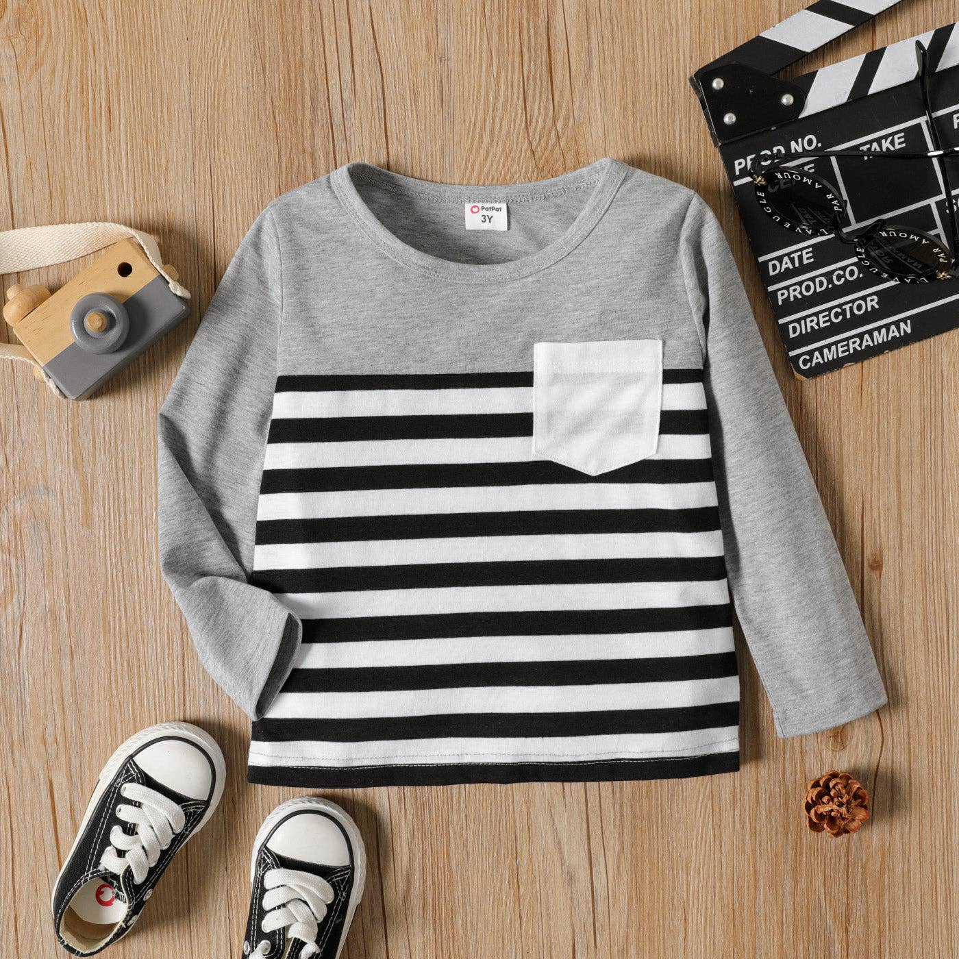 PatPat – Engroshandel T-shirt - Børn – Toddler Boy Stripe Splice Brystlomme Decor Langærmet Tee2