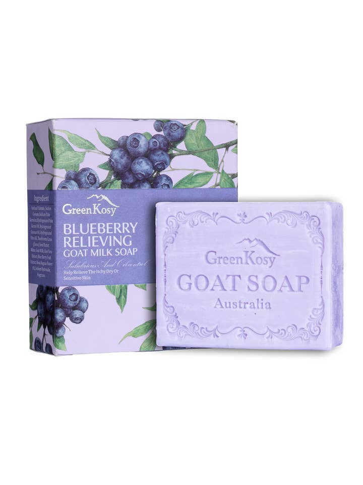 Savon au lait de chèvre apaisant aux myrtilles GreenKosy 100g pour la vente par GreenKosy