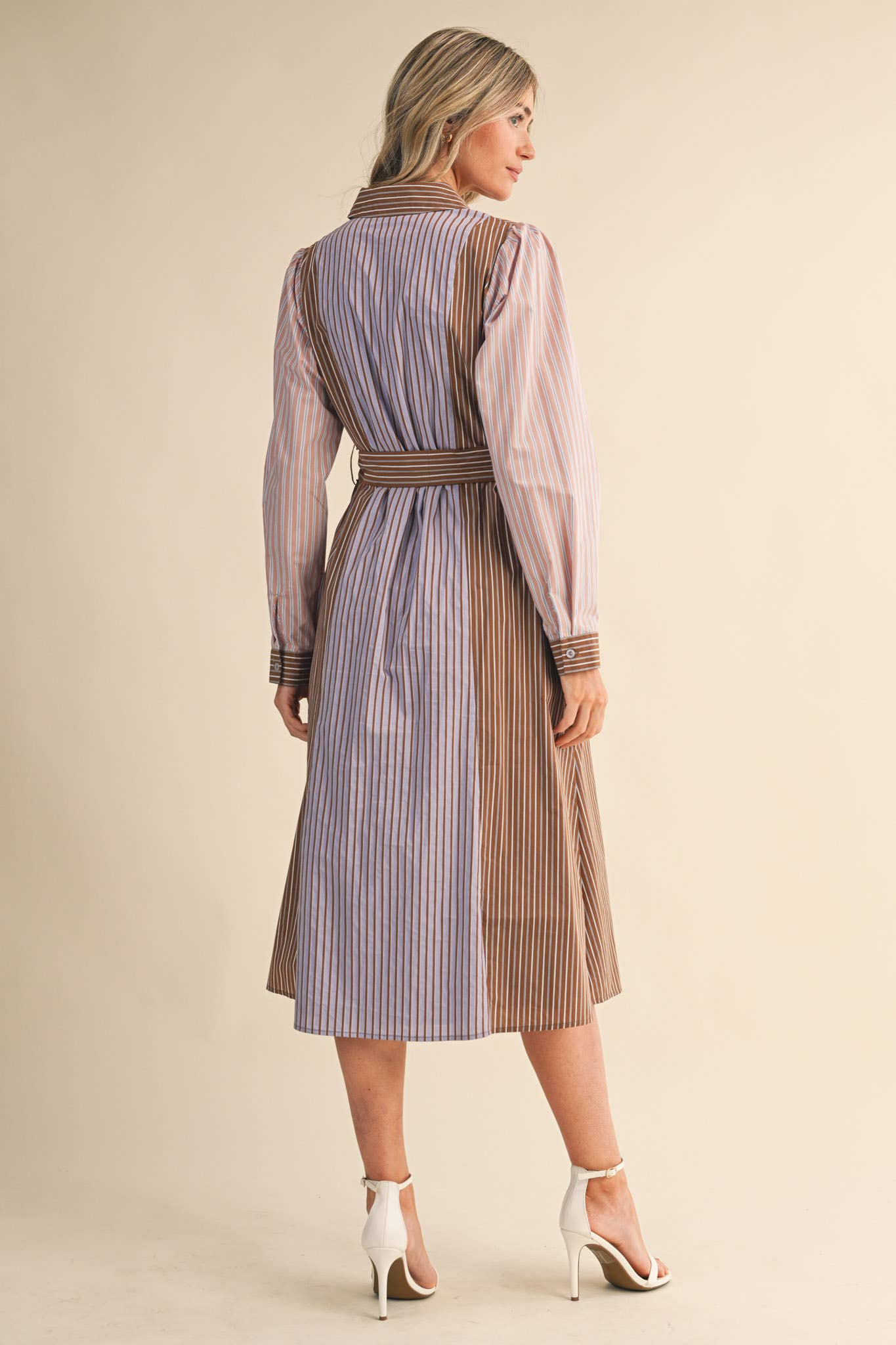 COCOA BLUE MULTI MIXED STRIPE BELTED BUTTON DOWN MIDI DRESS MDR4303 for wholesale on Faire9