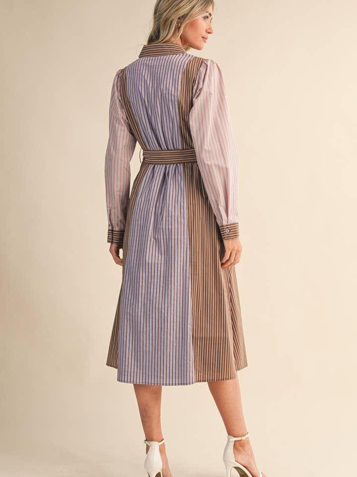 COCOA BLUE MULTI MIXED STRIPE BELTED BUTTON DOWN MIDI DRESS MDR4303 for wholesale on Faire9